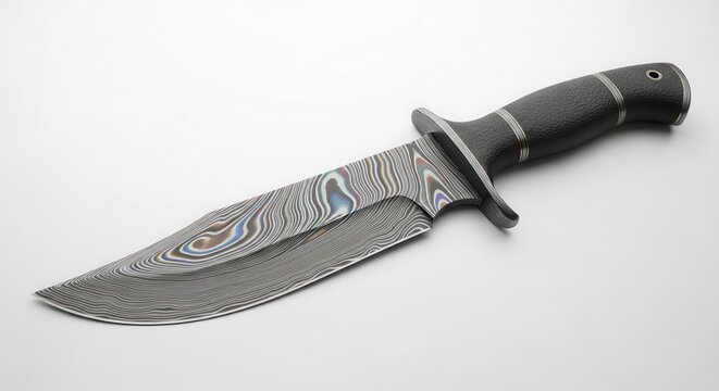 Exquisite handcrafted hunting knife featuring a mesmerizing Damascus steel blade pattern and
