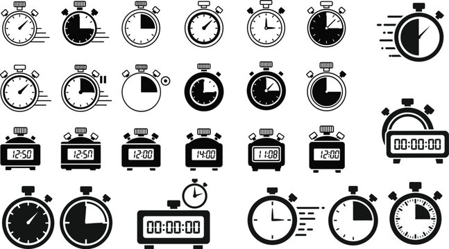 Stopwatch and Timer Icon Set Featuring Digital, Analog, and Racing Styles with Various Time Displays and Progress Indicators