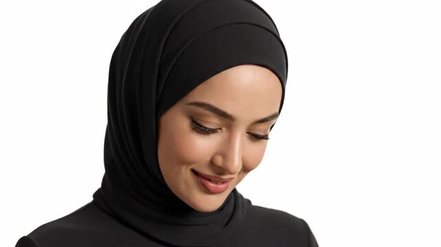 Beautiful Muslim woman in black hijab smiling with grace and modesty