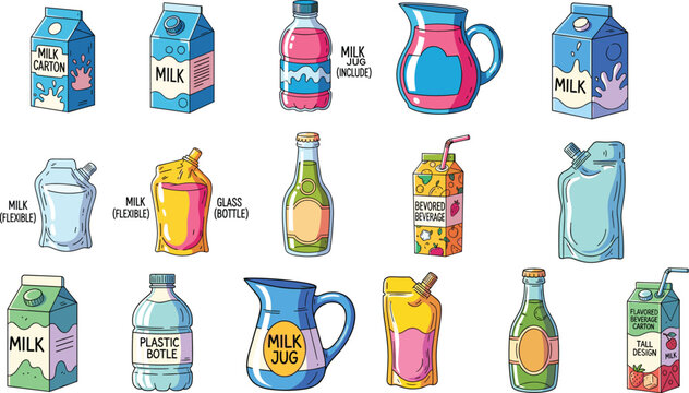 Milk Containers and Beverage Bottles Icon Set Featuring Cartons, Glass Bottles, Plastic Jugs, and Jug Designs in Bright, Colorful Illustration Style