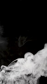 Soft white smoke forms intricate swirling patterns against a deep black background, creating an abstract, fluid composition with strong contrast and elegant motion. Copy space