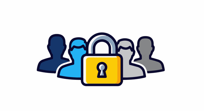 A group of diverse people behind a bright yellow lock icon