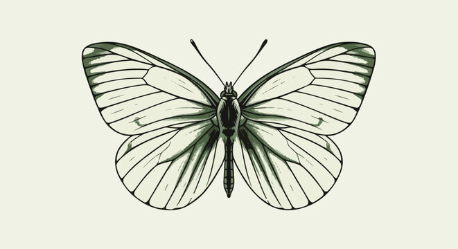 A detailed illustration of a white butterfly with green wing accents