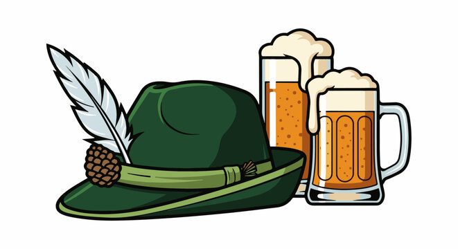 A green hunter's hat with feather adornment and two glasses of beer
