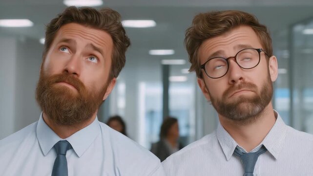 Two businessmen standing together in an office, looking up with thoughtful yet funny expressions, capturing a lighthearted moment of teamwork, creativity, and playful brainstorming.