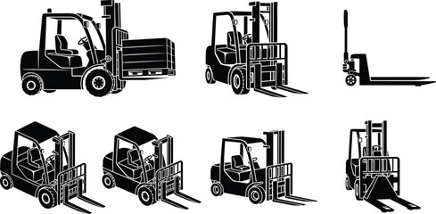 Forklift and Pallet Jack Equipment Icon Set for Warehouse, Logistics, Transportation, and Industrial Work, with Detailed Black Silhouettes © Shilpi
