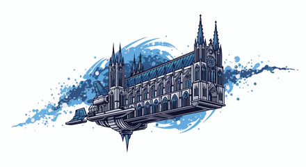 Fototapeta premium Pixel art gothic cathedral spaceship with blue paint splashes