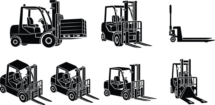 Forklift and Pallet Jack Equipment Icon Set for Warehouse, Logistics, Transportation, and Industrial Work, with Detailed Black Silhouettes