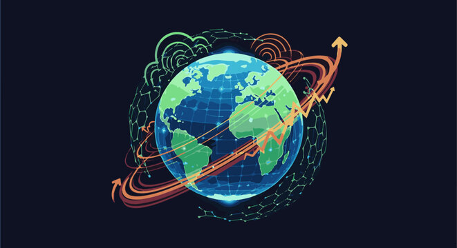Abstract digital art of planet Earth with swirling lines and graphs