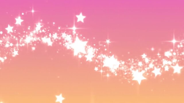 Pink and peach gradient background featuring scattered white glowing stars and sparkling lens flares, celestial aesthetic with five-pointed shapes and shimmering light dots.