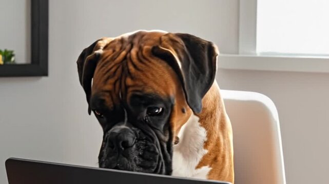 A focused boxer dog sits at a desk, appearing to work on a laptop in a home office setting.