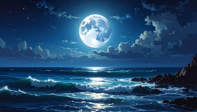 A serene nighttime seascape with a full moon casting a silver glow on dark blue waves crashing against rocky shores