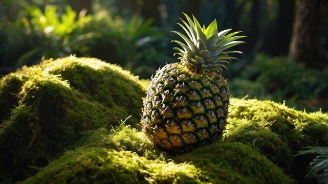 Fresh pineapple resting on lush green moss in a vibrant forest, sunlight filtering through trees