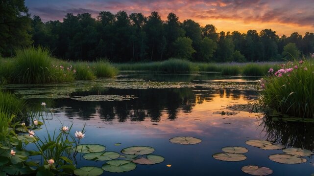 Serene sunset over a tranquil lake surrounded by lush greenery and blooming water lilies