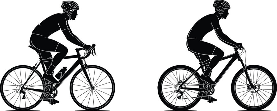 Cyclist silhouettes set, man riding bicycle side view, road and mountain bike poses, isolated black figures, sport fitness concept illustration