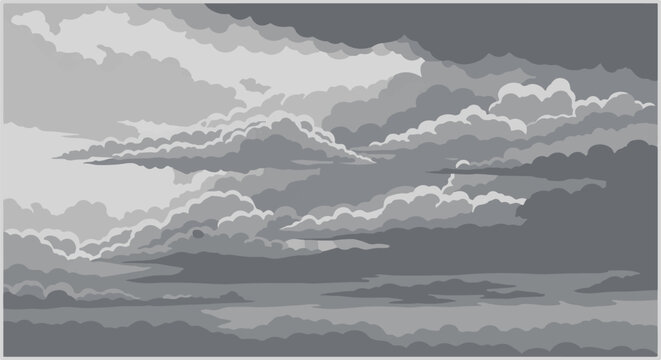 A dramatic, grayscale depiction of billowing clouds in a vast sky