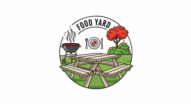 Picnic table, grill, and tree in a circular outdoor food graphic