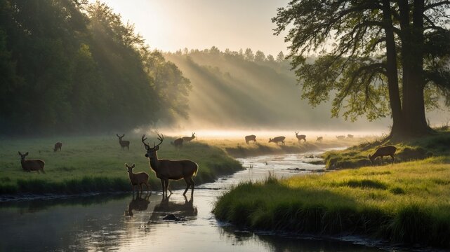 Majestic deer standing by a tranquil stream at dawn, surrounded by misty forest and grazing herd