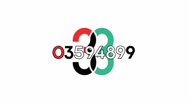 Colorful overlapping numbers 03594899 form an abstract graphic