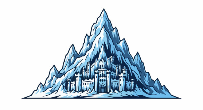 Majestic ice-covered castle integrated into jagged mountain peaks