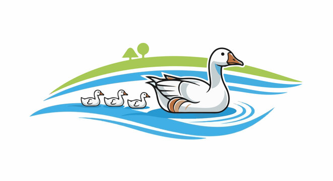 A mother goose and her three goslings swim in a wavy blue pond