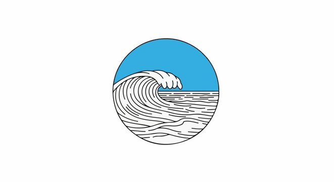 Stylized wave cresting within a blue circle on a white background