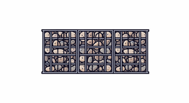 Three sections of a gabion wall, filled with rounded stones, in a simplified style