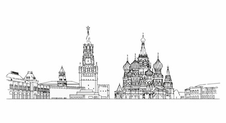 Fototapeta premium Black and white sketch of Moscow's iconic skyline with Kremlin and St. Basil's Cathedral