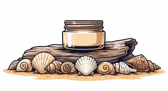 A jar of cream rests on driftwood surrounded by seashells on sand