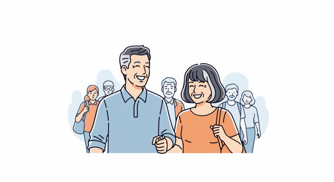 Cheerful diverse group of people walking together in a lighthearted style