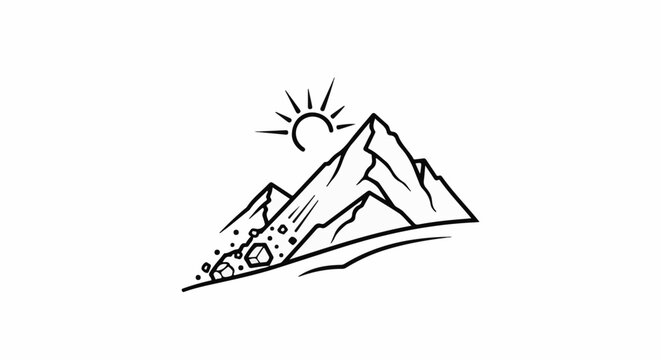 Minimalist line art shows sun over jagged mountains with falling rocks