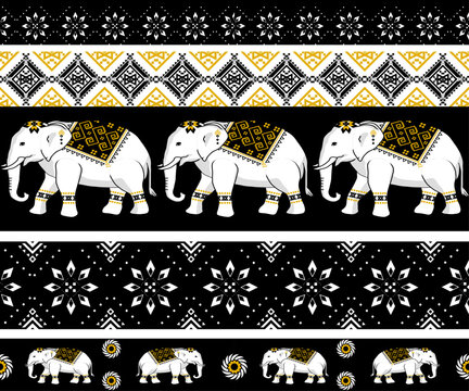 Thai Elephant Seamless Pattern with Ethnic Geometric Ornament, Traditional Tribal Animal Vector Illustration, Black White Gold Border Design for Fabric Textile, Wallpaper, Souvenir Background