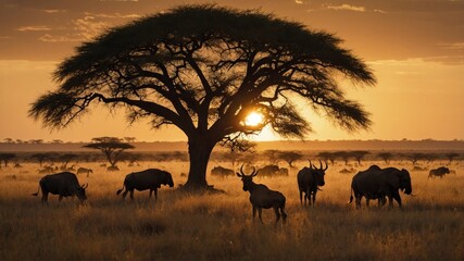 Obraz premium Majestic sunset over a savanna with silhouetted wildebeests grazing near a large acacia tree