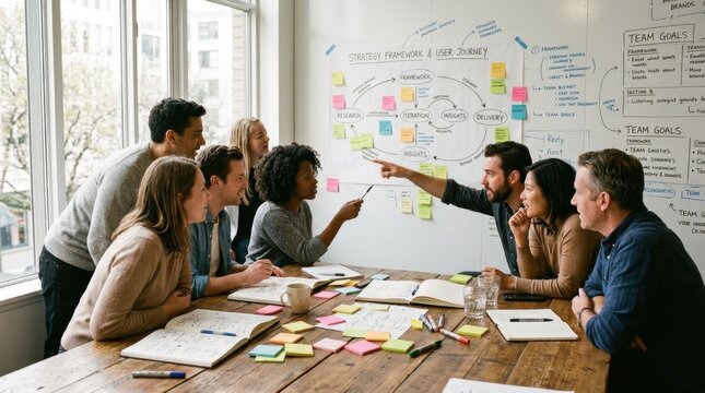 A diverse group of colleagues gathered around a wide wooden table covered in sticky notes and open sketchbooks, hands reaching across to point at a large shared diagram