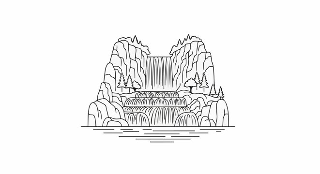 A majestic tiered waterfall cascades down rocky cliffs amidst sparse trees into a calm body of water