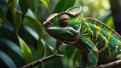 Fototapeta premium Colorful chameleon perched on a branch amidst lush green foliage, showcasing its vibrant scales