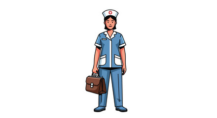 Fototapeta premium Female nurse in uniform holding a medical bag and a clipboard standing confidently in a healthcare setting