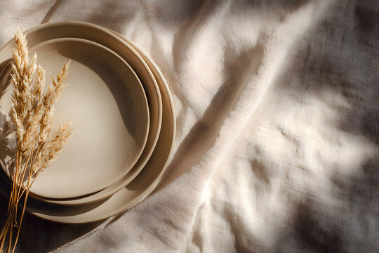 Stacked ceramic plates and dried pampas grass creating a rustic, minimalist tablescape, emphasizing natural textures, warm light, and an earthy color palette