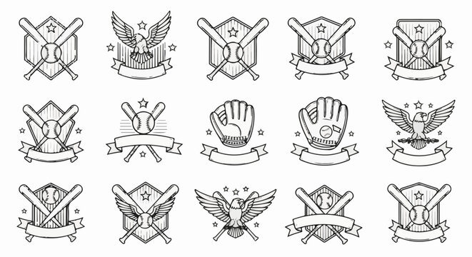 Sports emblems baseball bats, gloves, eagles, and stars on banners