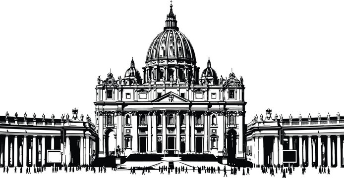 St. Peter's, Basilica, Vatican, City, Rome, Italy, hand, drawn, sketch, illustration, architecture, landmark, cathedral, catholic, church, renaissance, tourism, religious, black, white