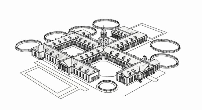 Isometric sketch of a U-shaped classical building with a clock tower and surrounding circular structures