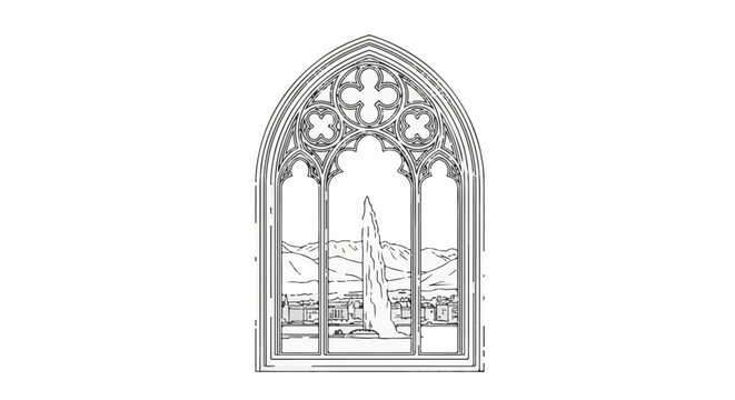 Gothic window frames a view of a geyser erupting in a city at the base of mountains