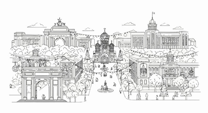 Architectural streetscape with a church, archways, fountains, trees, and people