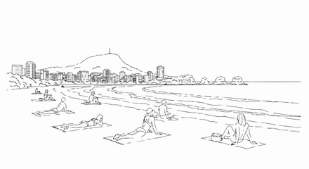 Fototapeta premium City skyline overlooks people doing yoga on a beach with ocean waves