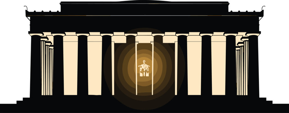 Stylized vector illustration of Lincoln Memorial landmark in Washington DC with glowing light for United States history travel and patriotism