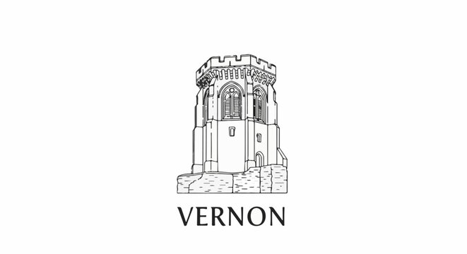 Line drawing of a castle tower with crenellations and arched windows