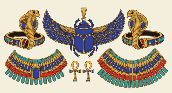 Ancient Egyptian symbols winged scarab, cobras, ankhs, and ornate collars
