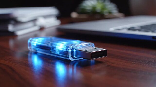 Usb flash drive illuminated on desk surface with laptop and papers