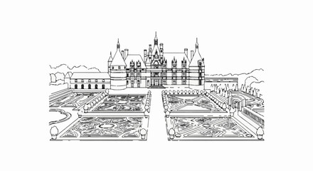 Obraz premium Detailed line drawing of a grand chateau with formal gardens