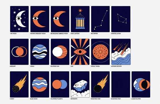 A set of tarot cards with celestial elements: the moon, sun, stars, and planets on a dark background. Esotericism, occultism, astrology. Flat style.